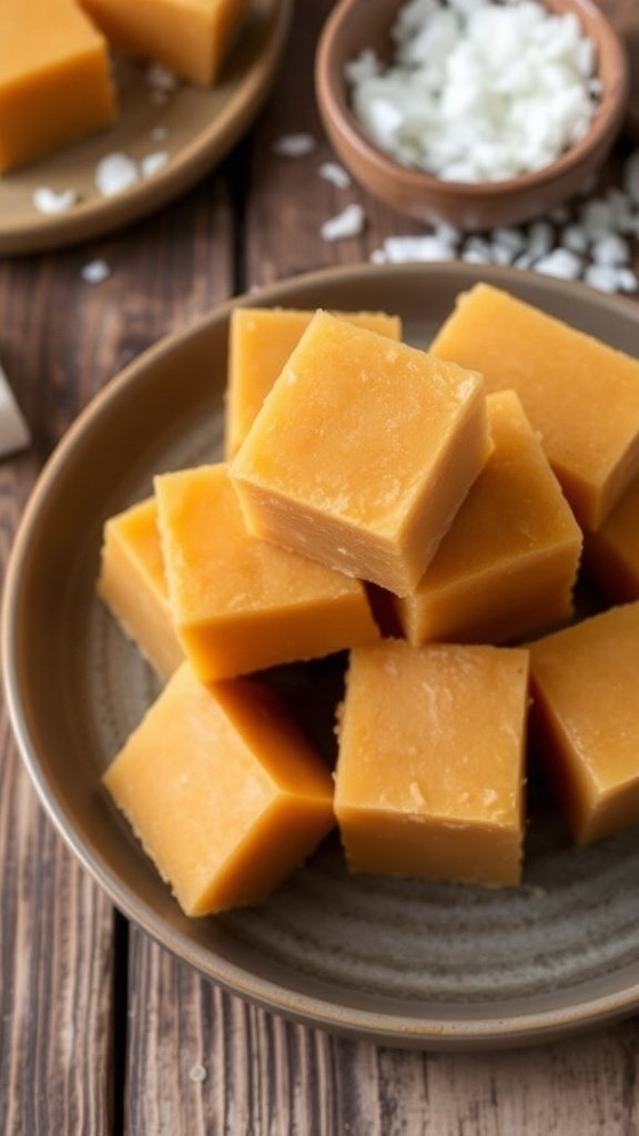 A plate of butter mochi squares, golden-brown and chewy, with shredded coconut on the side.